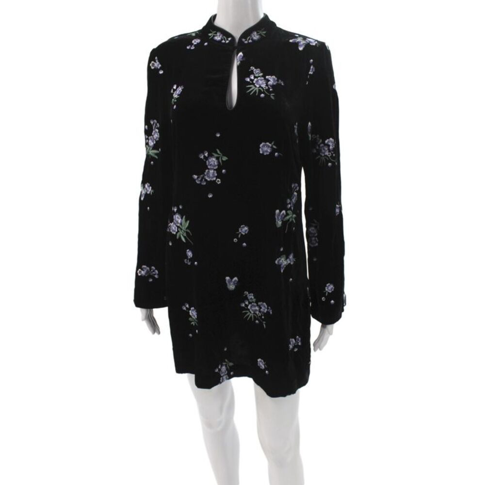 Rixo Women Shift Dress Black Floral Long Sleeve High Neck Micro Mini Size S